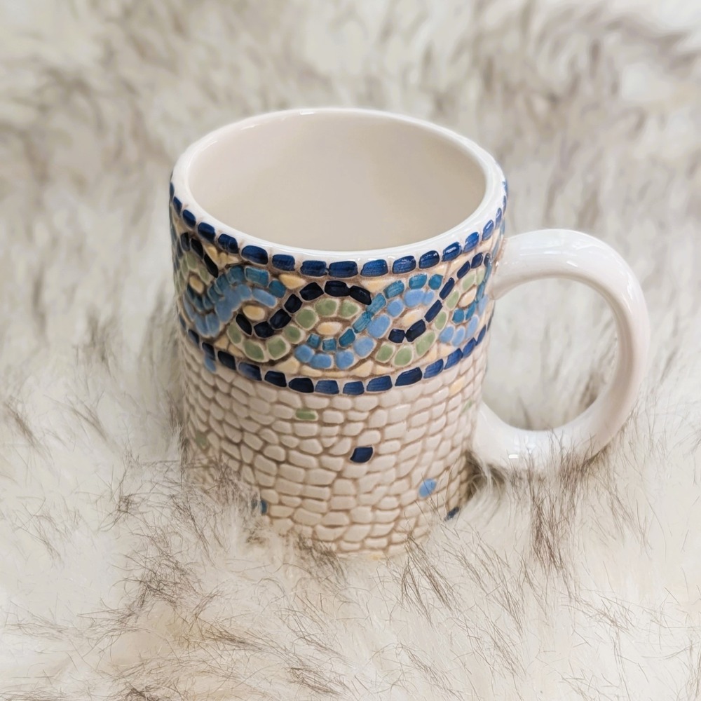 Pottery Barn Mosaic Wave Mug Coffee Cup White Blues Green